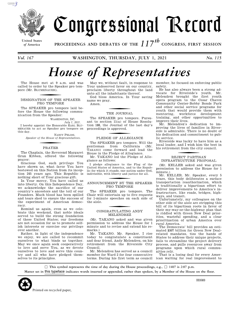 Congressional Record United States Th of America PROCEEDINGS and DEBATES of the 117 CONGRESS, FIRST SESSION