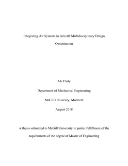 Integrating Air Systems in Aircraft Multidisciplinary Design Optimization Ali Tfaily Department of Mechanical Engineering Mcgil