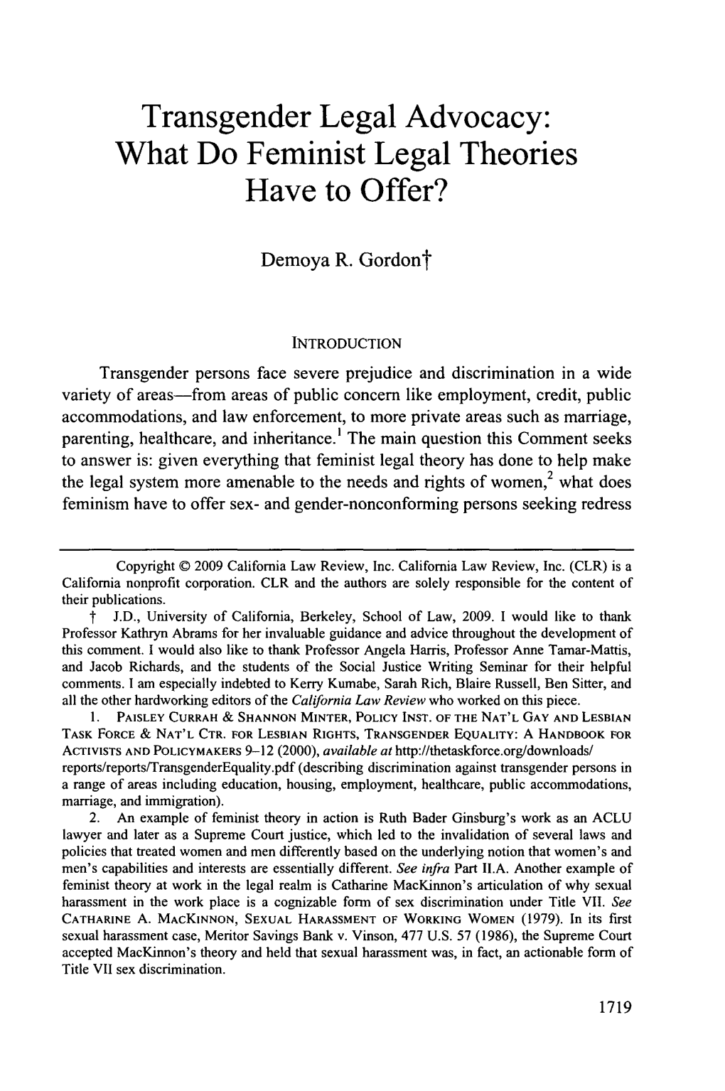 Transgender Legal Advocacy: What Do Feminist Legal Theories Have to Offer?