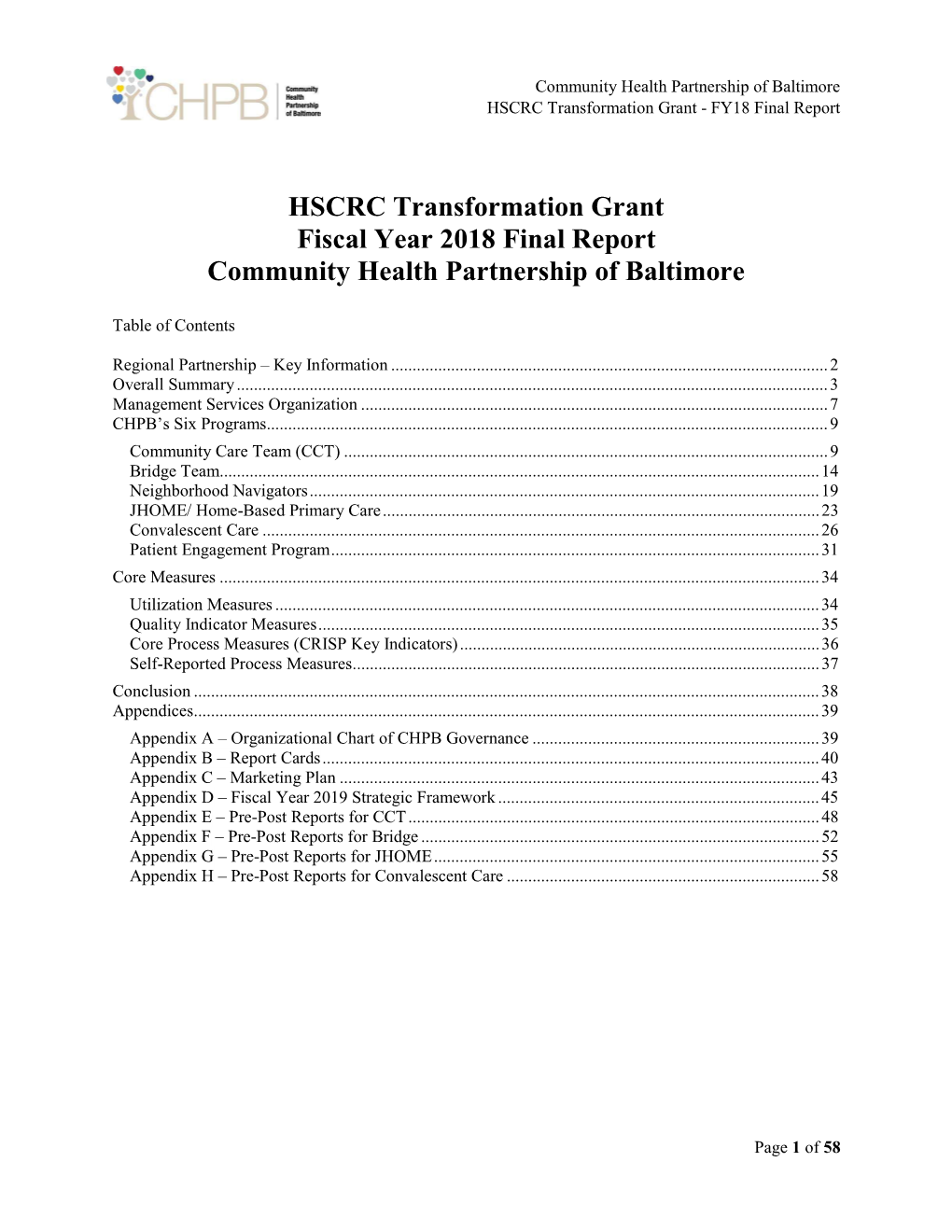 HSCRC Transformation Grant Fiscal Year 2018 Final Report Community Health Partnership of Baltimore
