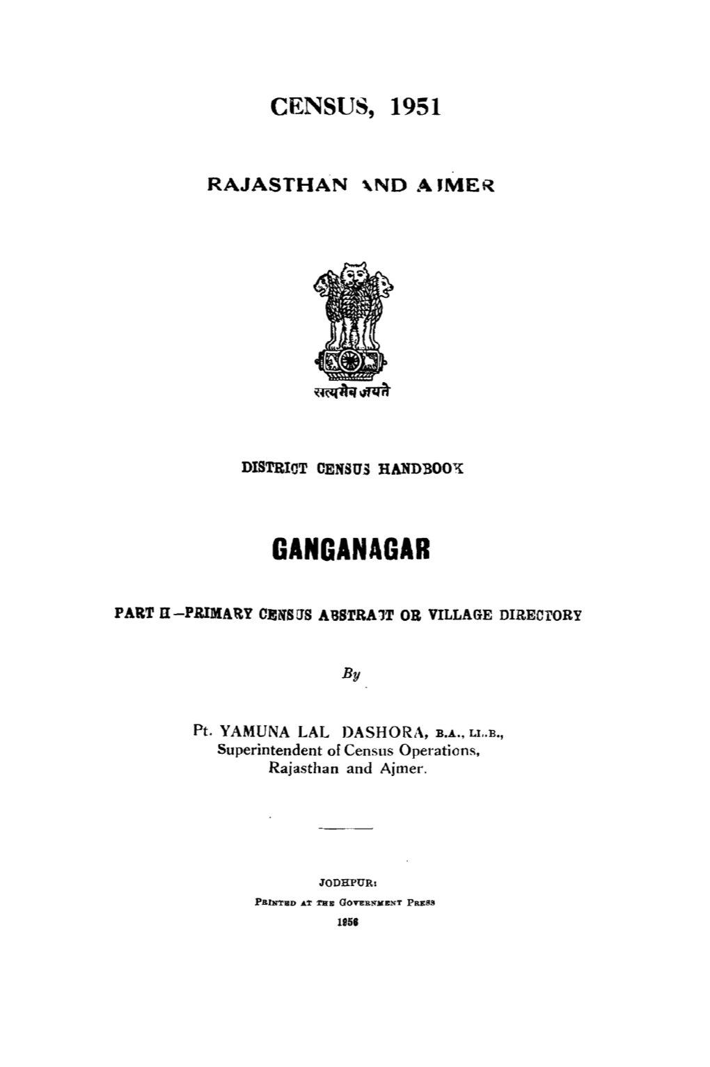 District Census Handbook, Ganganagar, Rajasthan and Ajmer