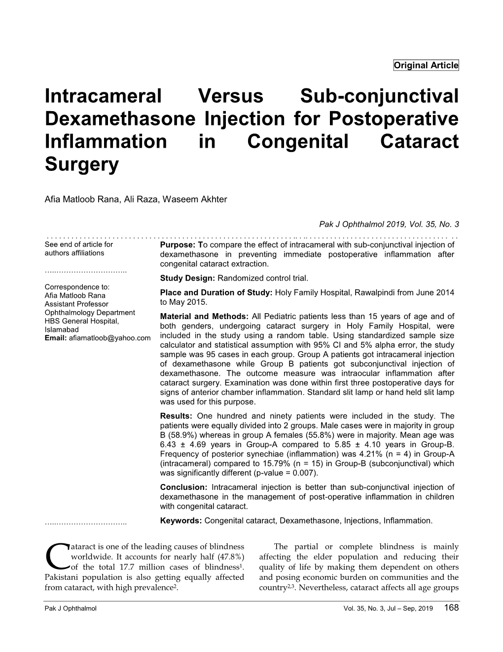 Intracameral Versus Sub-Conjunctival Dexamethasone Injection for Postoperative Inflammation in Congenital Cataract Surgery