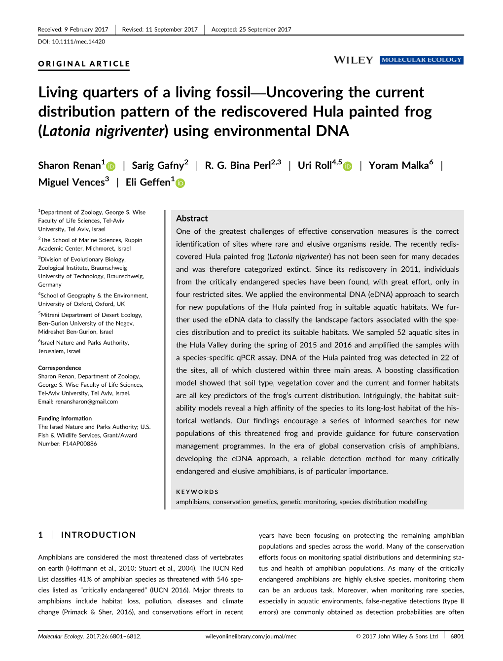 Uncovering the Current Distribution Pattern of the Rediscovered Hula Painted Frog (Latonia Nigriventer) Using Environmental DNA