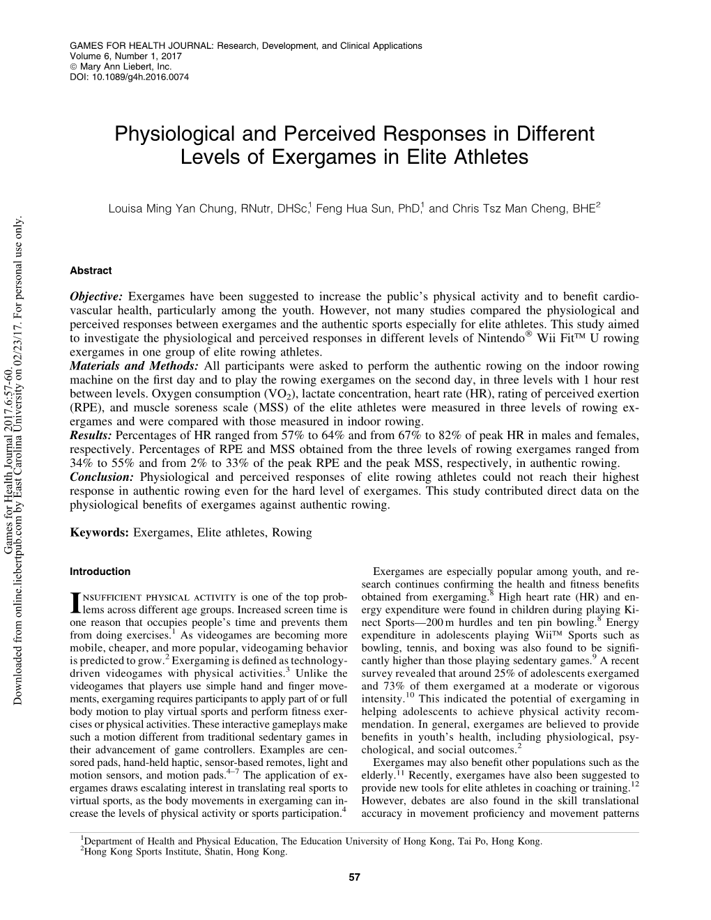 Physiological and Perceived Responses in Different Levels of Exergames in Elite Athletes