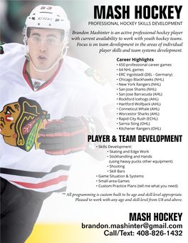 MASH HOCKEY PROFESSIONAL HOCKEY SKILLS DEVELOPMENT Brandon Mashinter Is an Active Professional Hockey Player with Current Availability to Work with Youth Hockey Teams