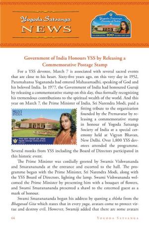 Government of India Honours YSS by Releasing a Commemorative