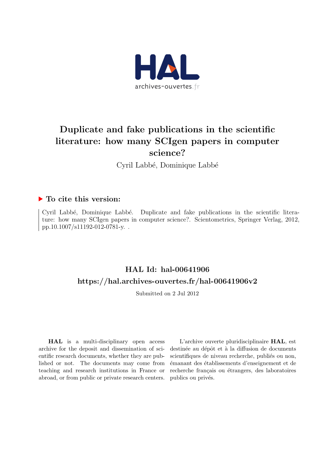 Duplicate and Fake Publications in the Scientific Literature: How Many Scigen Papers in Computer Science?