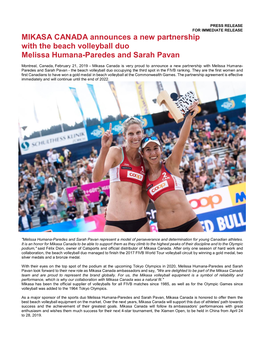 MIKASA CANADA Announces a New Partnership with the Beach Volleyball Duo Melissa Humana-Paredes and Sarah Pavan