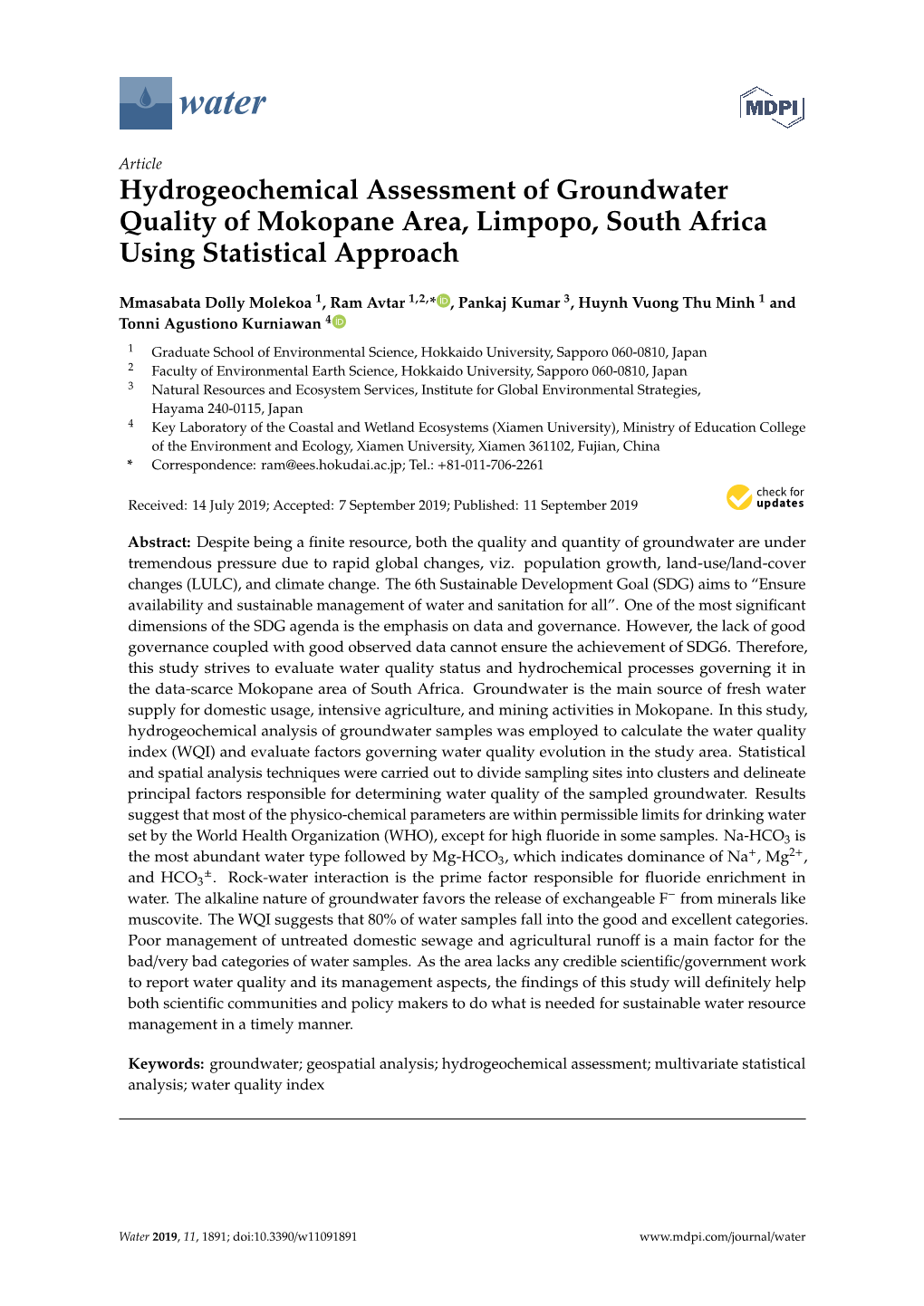 Hydrogeochemical Assessment of Groundwater Quality of Mokopane Area, Limpopo, South Africa Using Statistical Approach