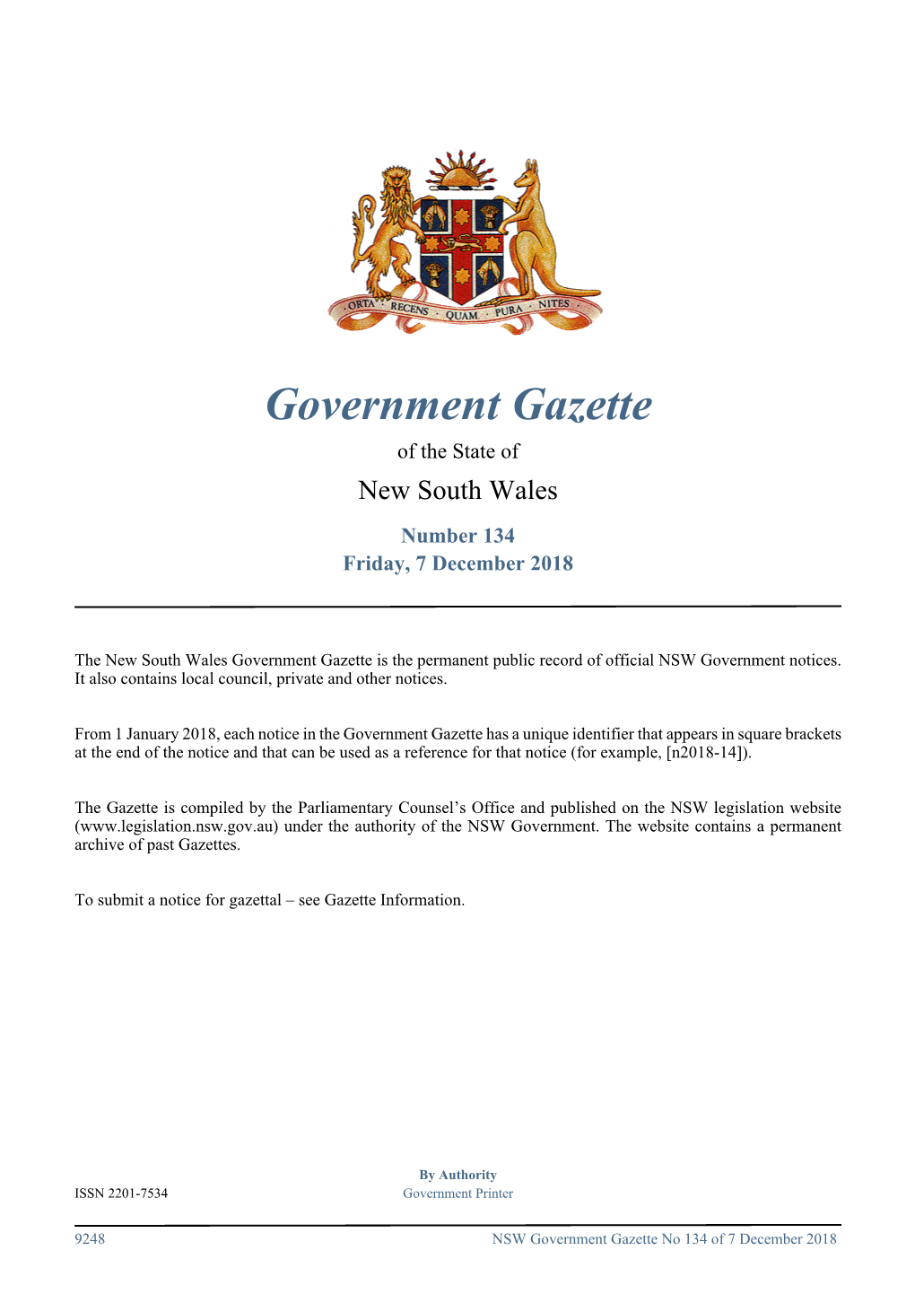 Government Gazette No 134 of Friday 7 December 2018