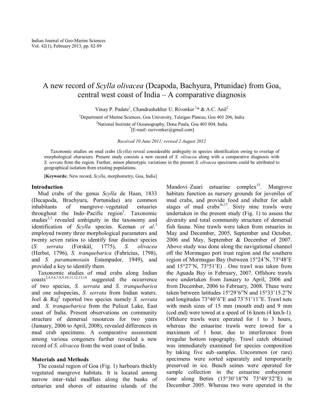 Scylla Olivacea (Dcapoda, Bachyura, Prtunidae) from Goa, Central West Coast of India – a Comparative Diagnosis