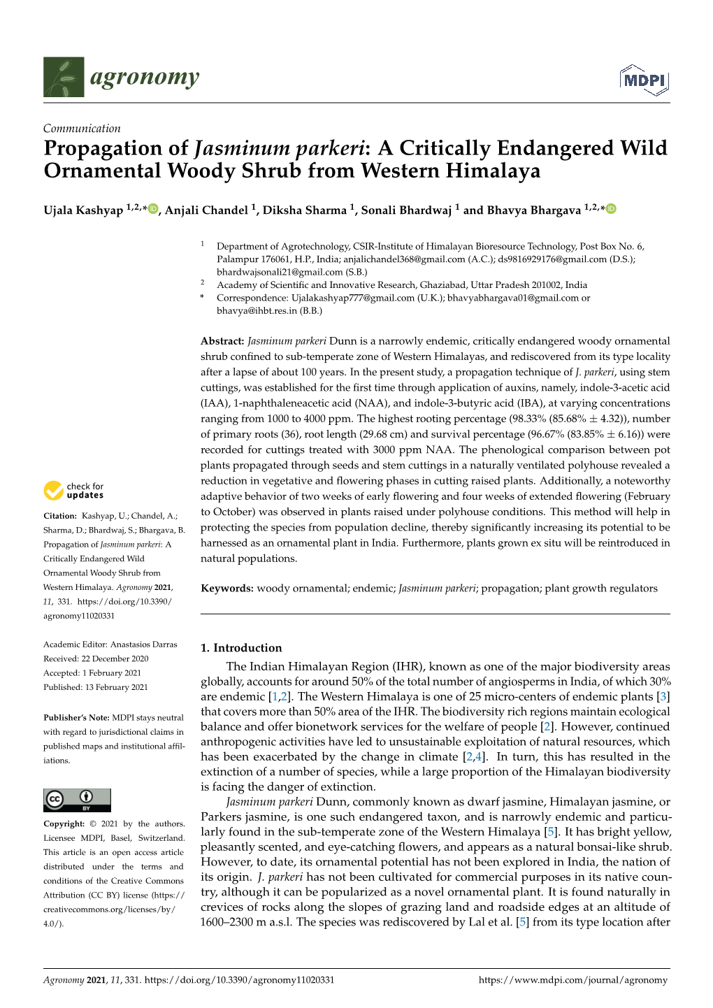 Propagation of Jasminum Parkeri: a Critically Endangered Wild Ornamental Woody Shrub from Western Himalaya