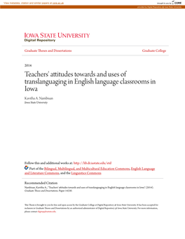 Teachers' Attitudes Towards and Uses of Translanguaging in English Language Classrooms in Iowa Kavitha A