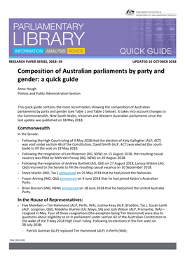 Composition of Australian Parliaments by Party and Gender: a Quick Guide