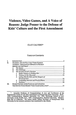 Violence, Video Games, and a Voice of Reason: Judge Posner to the Defense of Kids' Culture and the First Amendment