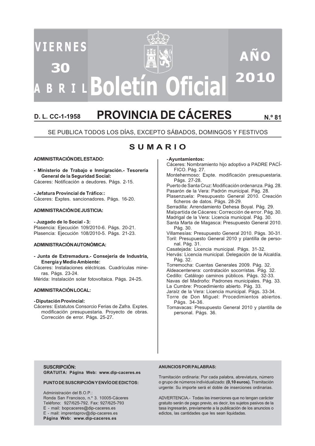 Boletín Oficial De La Provincia De Cáceres