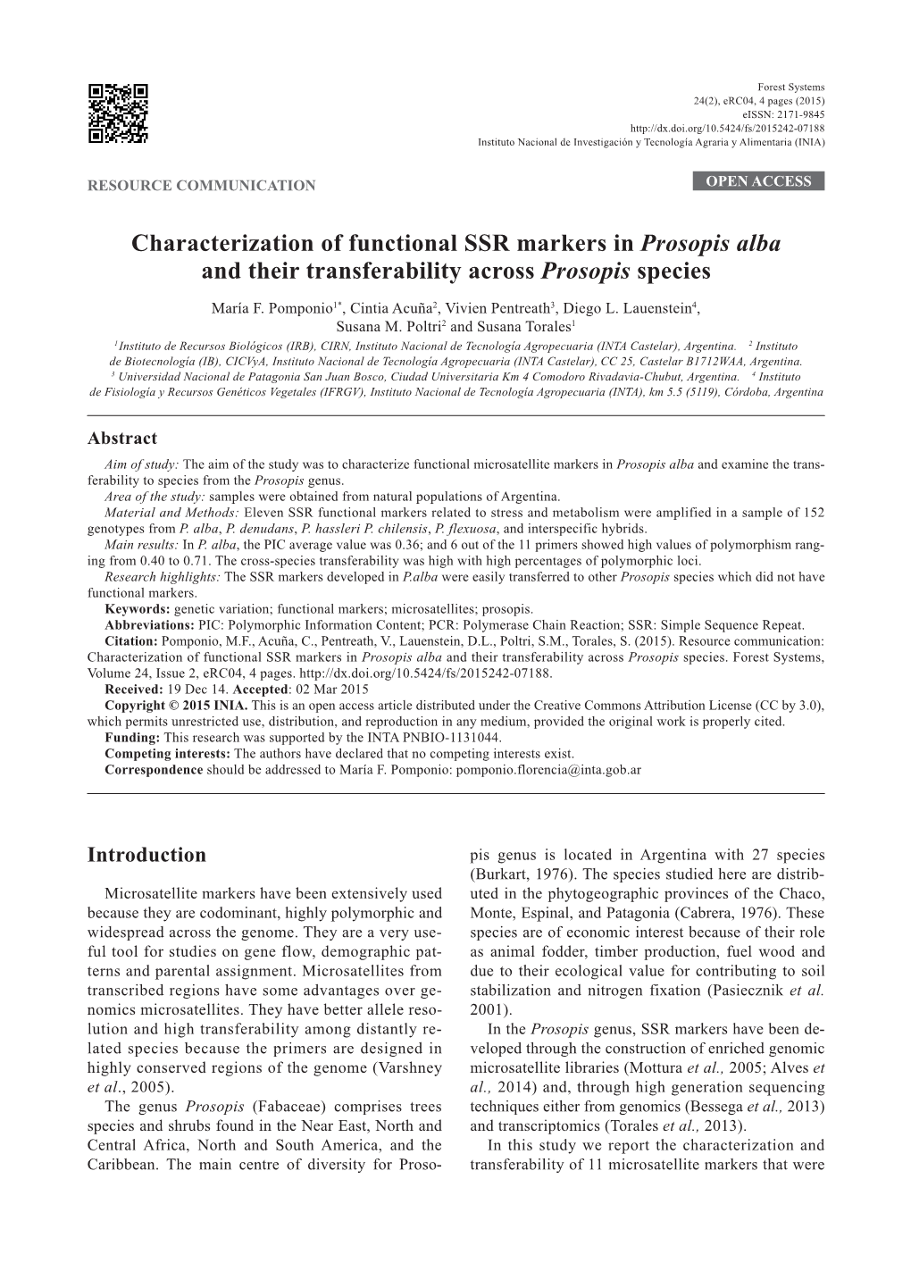 Characterization of Functional SSR Markers in Prosopis Alba and Their Transferability Across Prosopis Species