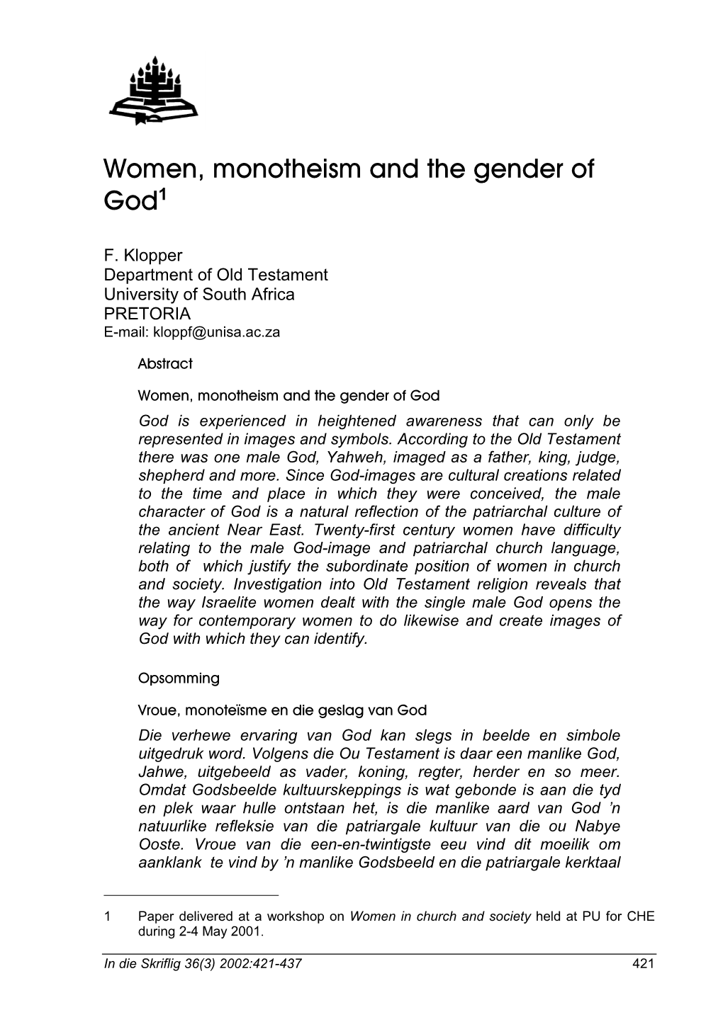 Women, Monotheism and the Gender of God1