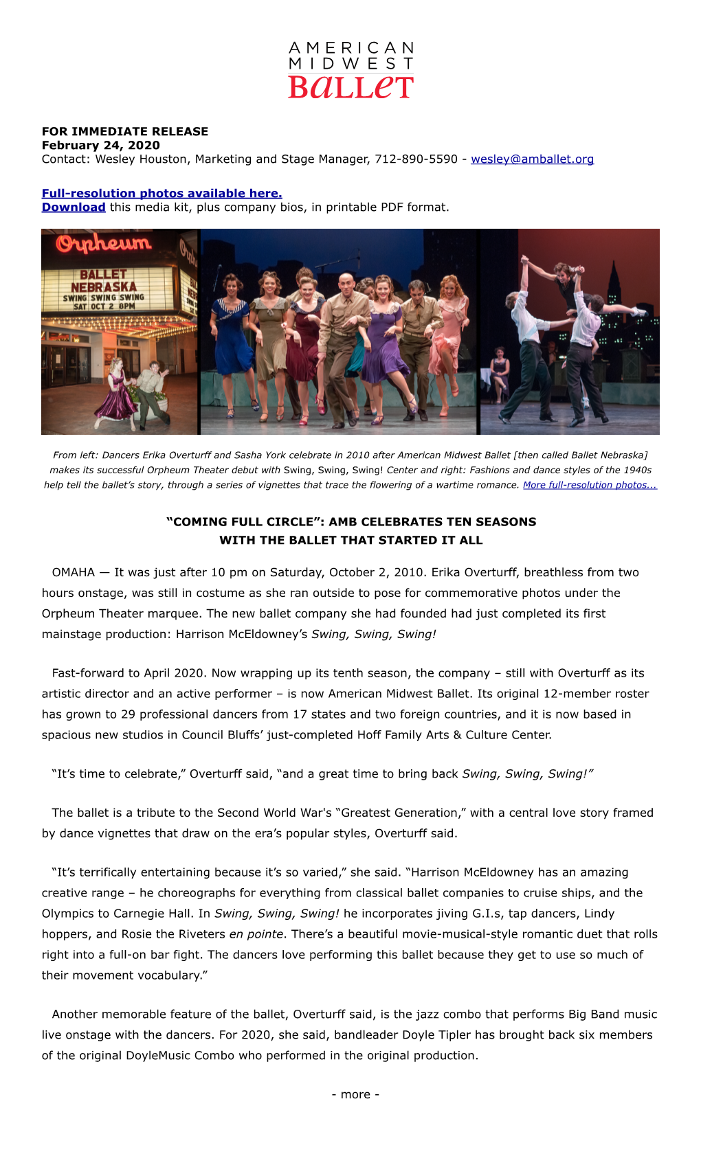 FOR IMMEDIATE RELEASE February 24, 2020 Contact: Wesley Houston, Marketing and Stage Manager, 712-890-5590 - Wesley@Amballet.Org