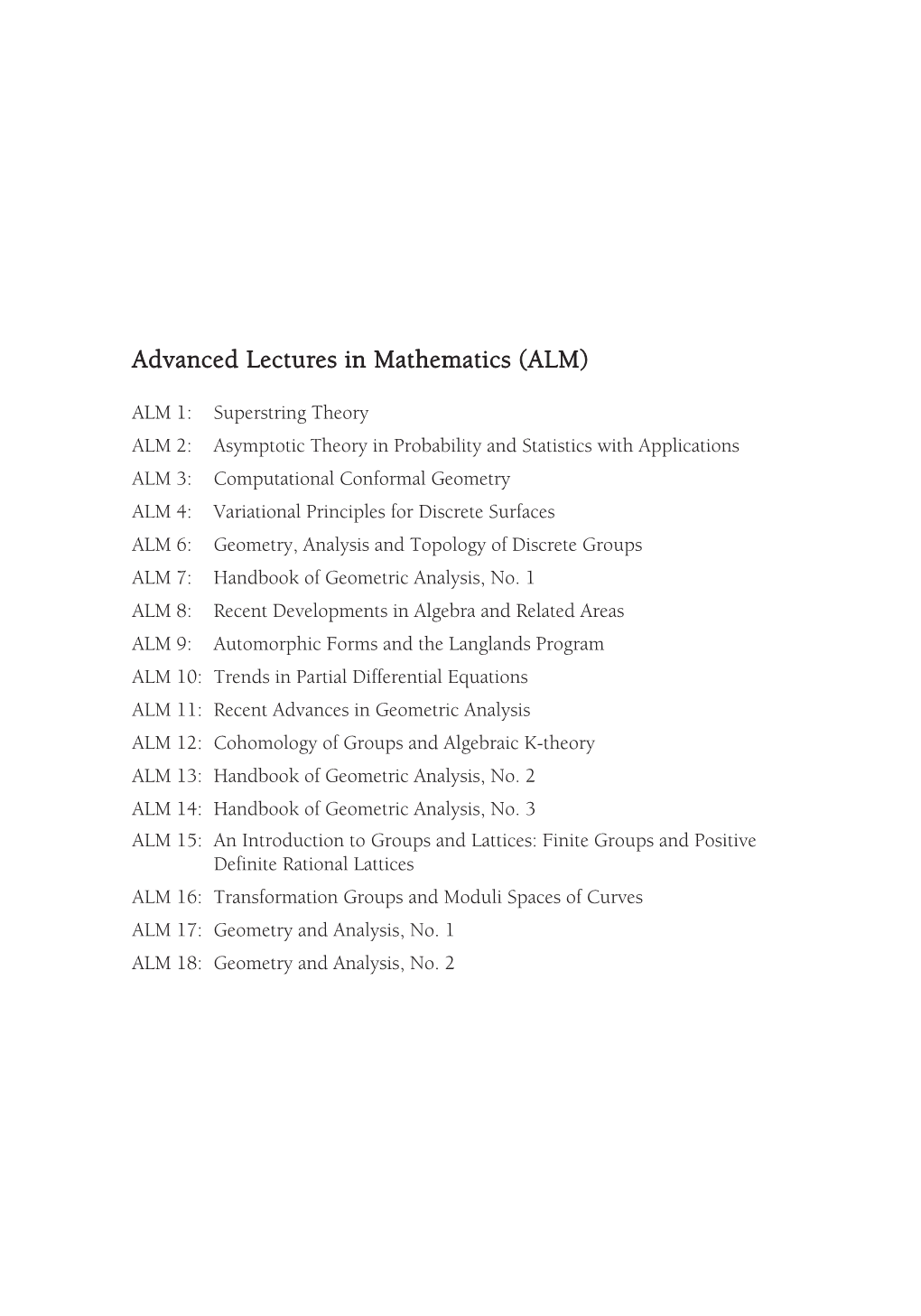 Advanced Lectures in Mathematics (ALM)