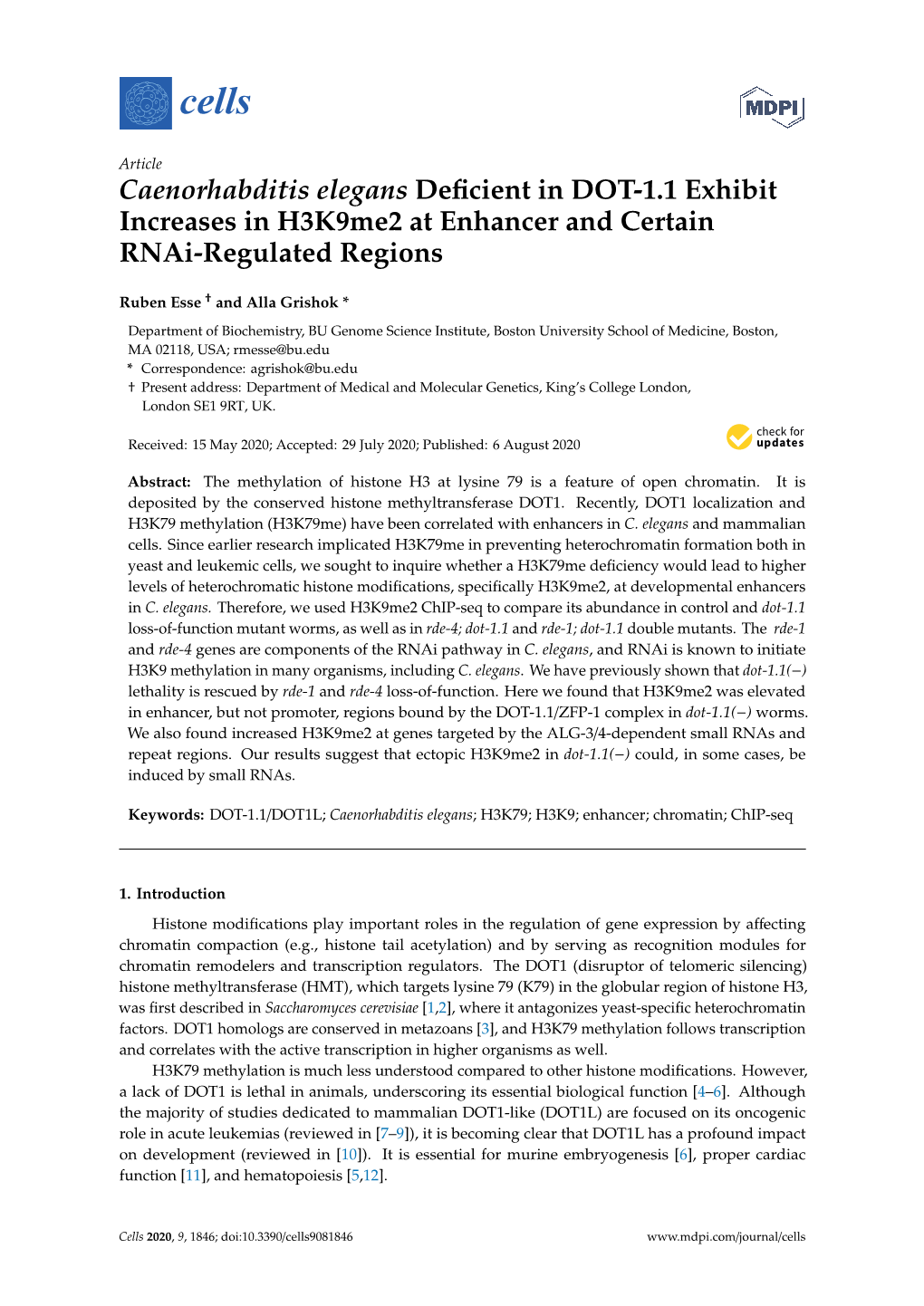 Caenorhabditis Elegans Deficient in DOT-1.1 Exhibit Increases in H3k9me2 at Enhancer and Certain Rnai-Regulated Regions