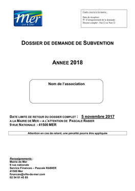 Dossier De Demande De Subvention Annee 2018