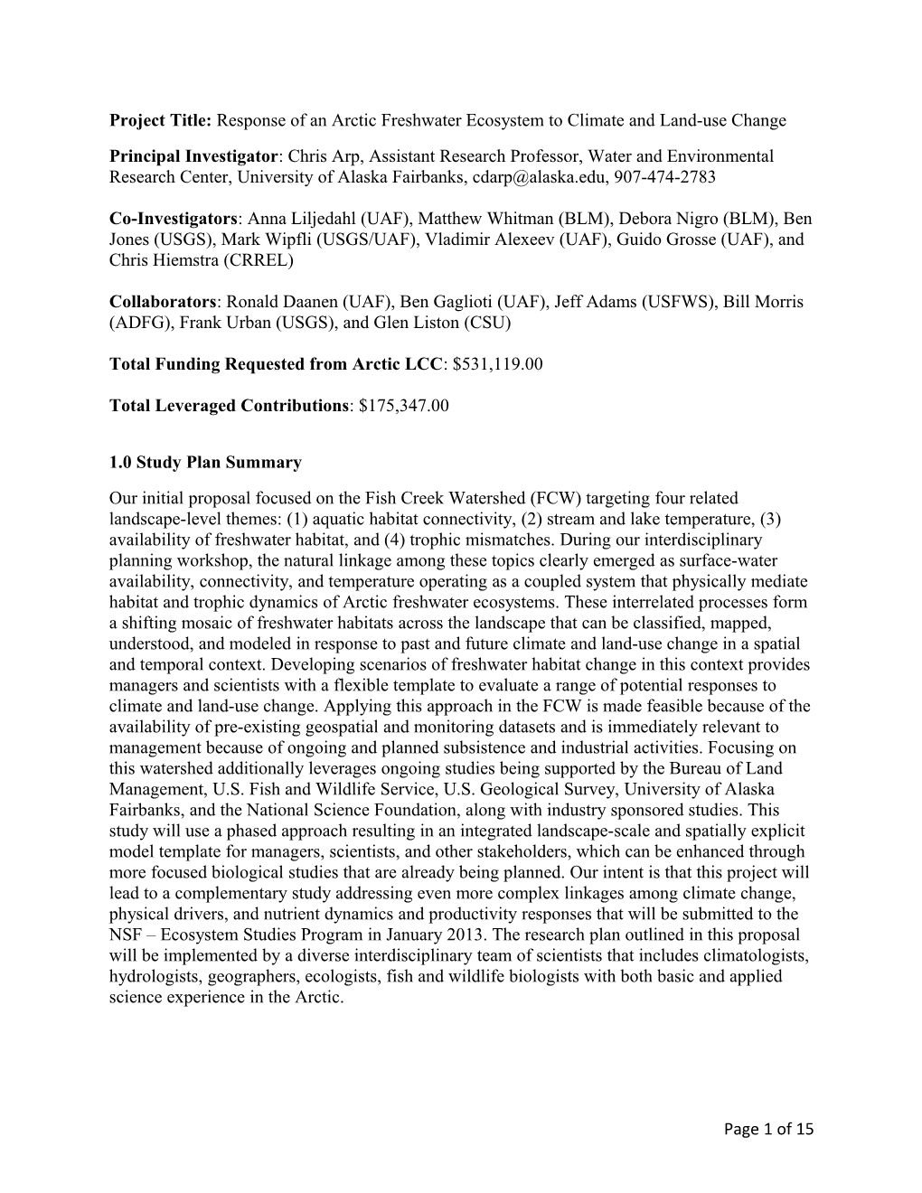 Project Title: Response of an Arctic Freshwater Ecosystem to Climate and Land-Use Change