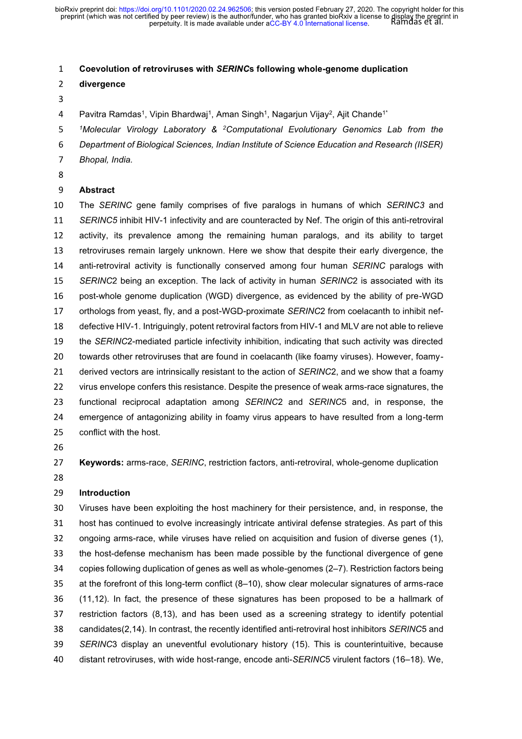 Coevolution of Retroviruses with Serincs Following Whole-Genome