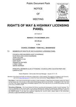 (Public Pack)Agenda Document for Right's of Way & Highway Licensing