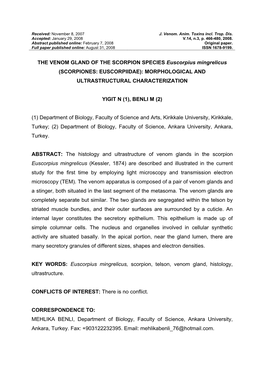 Scorpiones: Euscorpiidae): Morphological and Ultrastructural Characterization