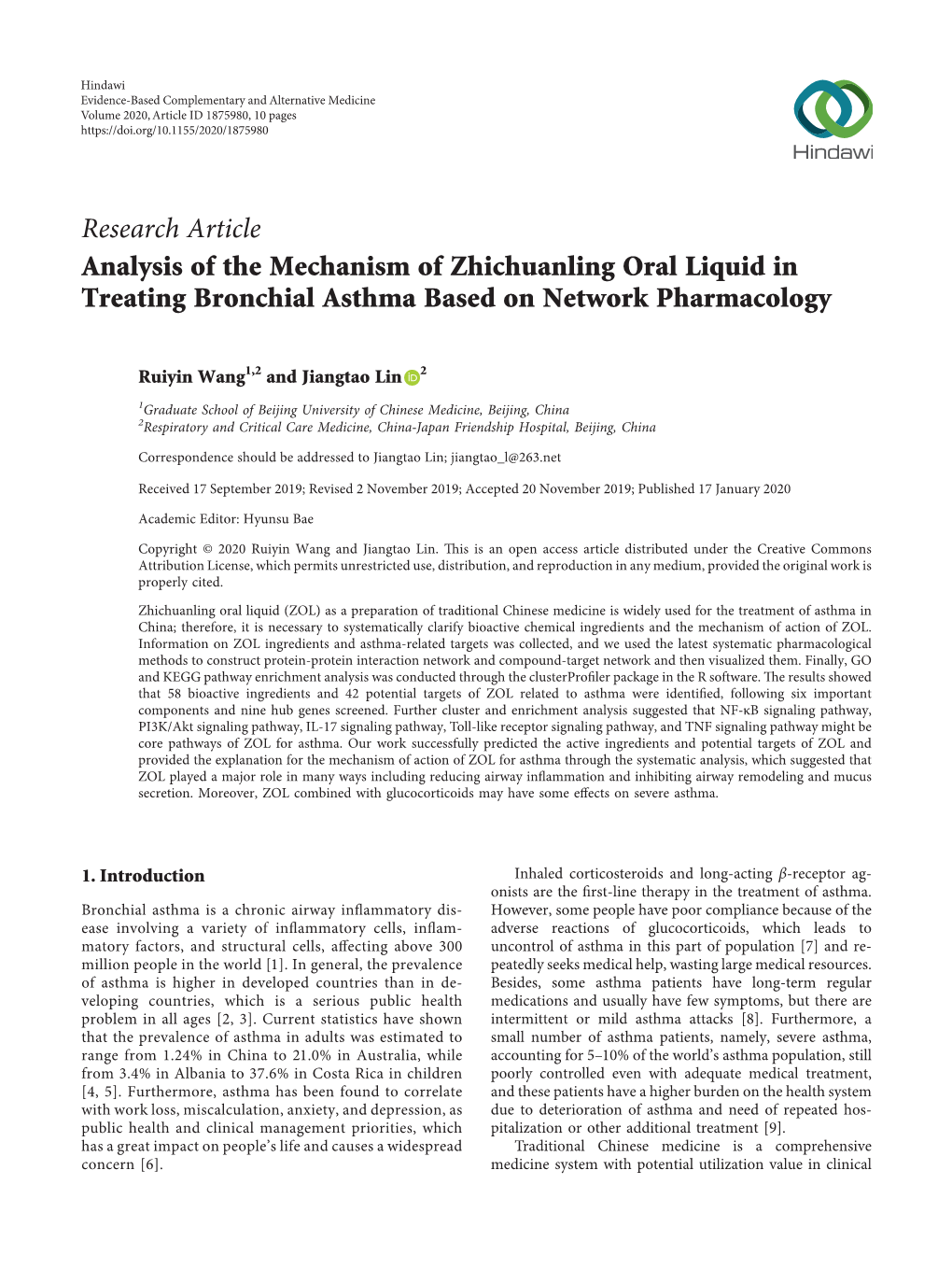 Analysis of the Mechanism of Zhichuanling Oral Liquid in Treating Bronchial Asthma Based on Network Pharmacology