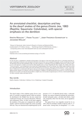 An Annotated Checklist, Description and Key to the Dwarf Snakes of The