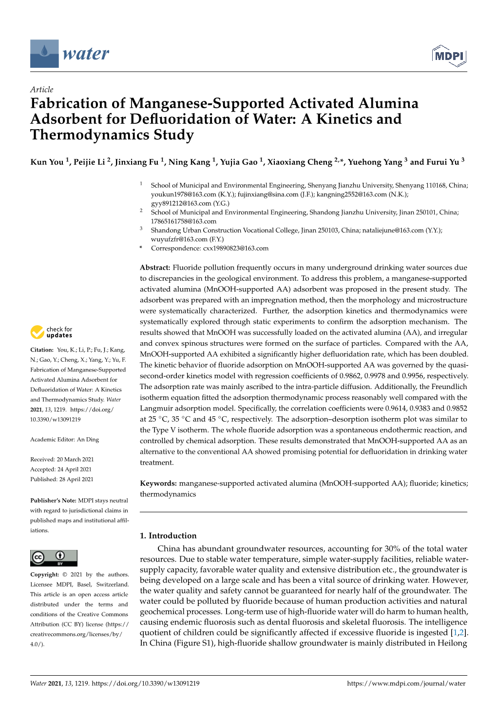 Fabrication of Manganese-Supported Activated Alumina Adsorbent for Defluoridation of Water