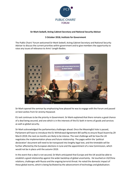 Sir Mark Sedwill, Acting Cabinet Secretary and National Security Adviser 5 October 2018, Institute for Government the Public Ch