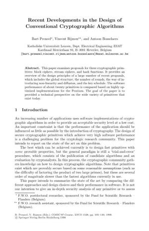 Recent Developments in the Design of Conventional Cryptographic Algorithms