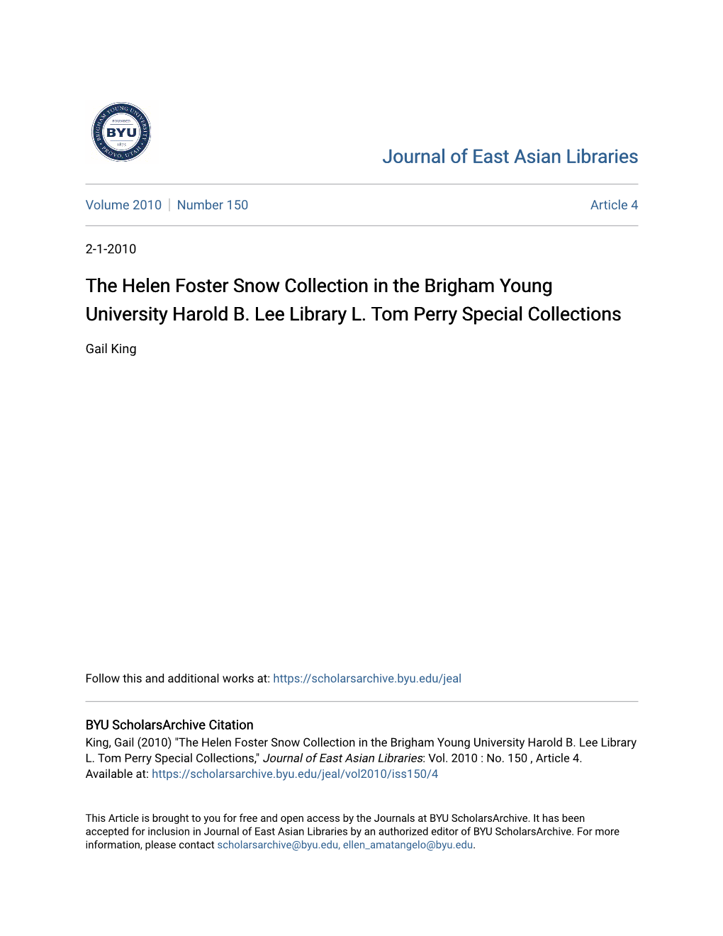 The Helen Foster Snow Collection in the Brigham Young University Harold B