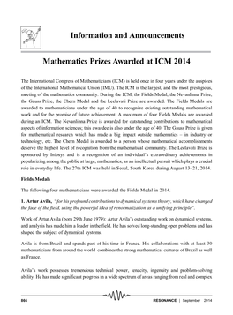Information and Announcements Mathematics Prizes Awarded At