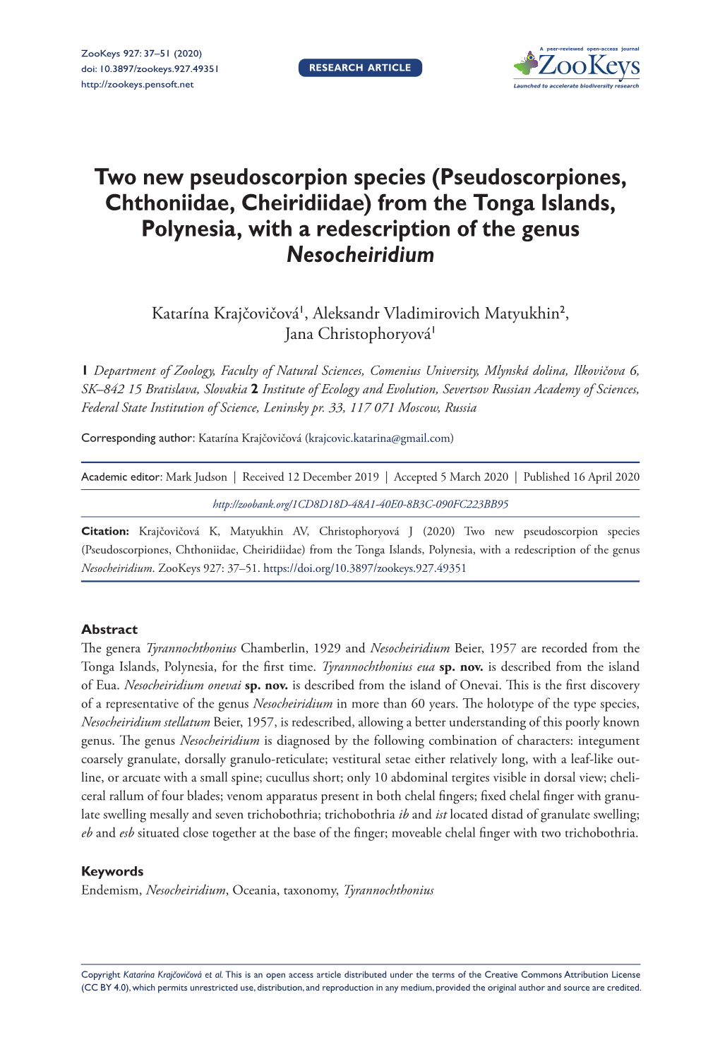 Pseudoscorpiones, Chthoniidae, Cheiridiidae) from the Tonga Islands, Polynesia, with a Redescription of the Genus Nesocheiridium