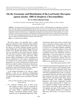 On the Taxonomy and Distribution of the Leaf-Beetle Macroplea Japana Jacoby, 1885 (Coleoptera, Chrysomelidae) M