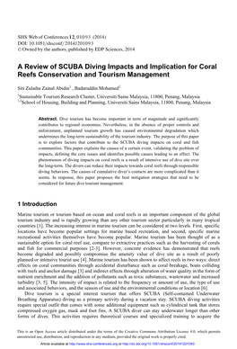 A Review of SCUBA Diving Impacts and Implication for Coral Reefs Conservation and Tourism Management