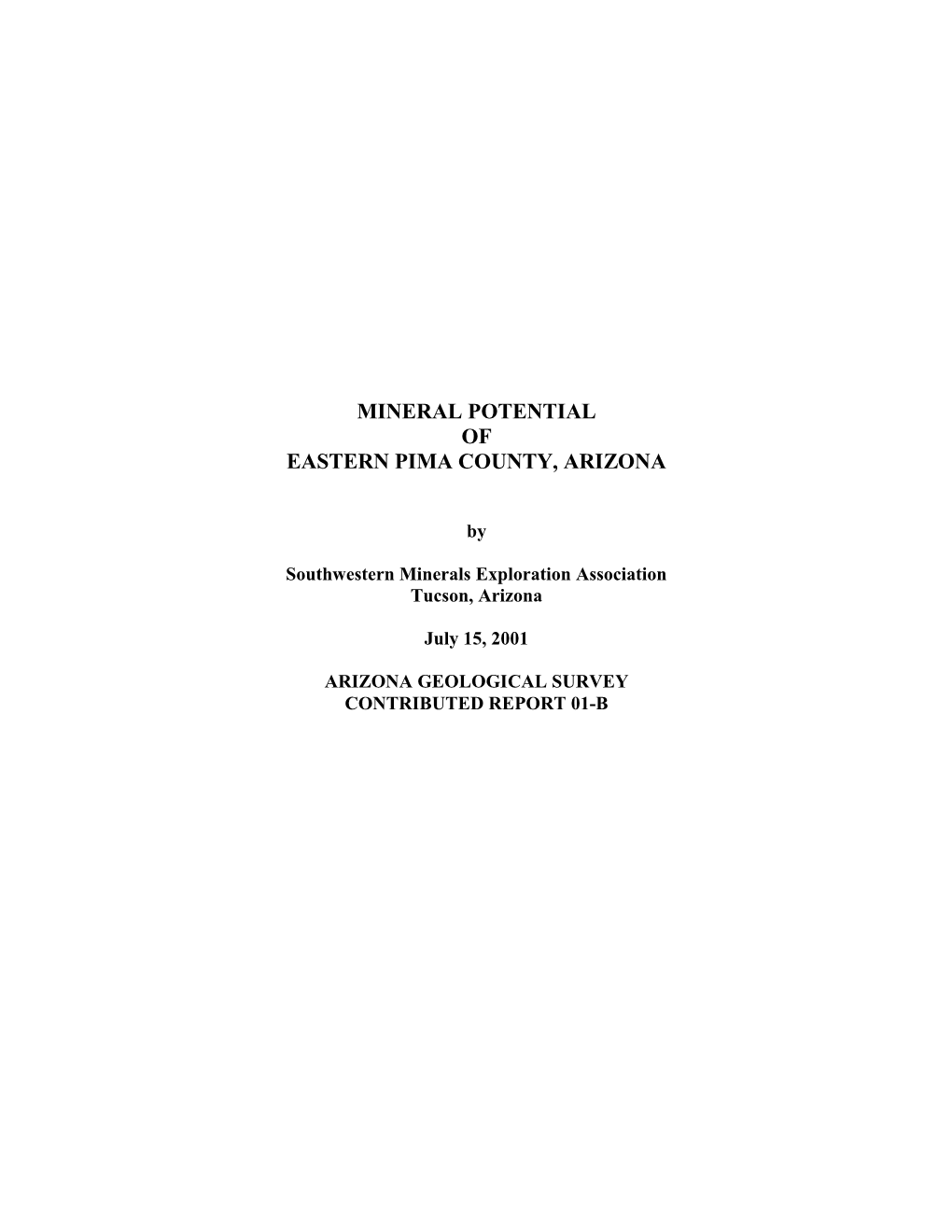 Mineral Potential of Eastern Pima County, Arizona