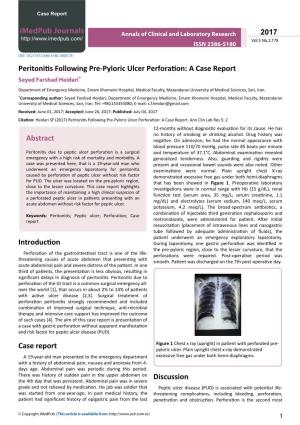 Peritonitis Following Pre-Pyloric Ulcer Perforation: a Case Report Seyed Farshad Heidari*