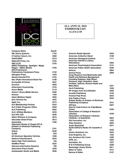 ALA ANNUAL 2010 EXHIBITOR LIST As of 6-2-10
