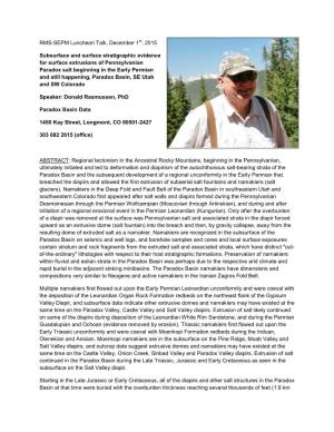 RMS-SEPM Luncheon Talk, December 1St, 2015 Subsurface and Surface Stratigraphic Evidence for Surface Extrusions of Pennsylvanian