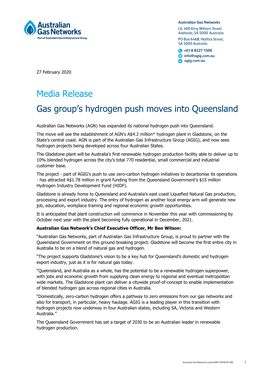 Media Release Gas Group's Hydrogen Push Moves Into Queensland