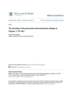 The Founding of the Permanent Denominational Colleges in Virginia, 1776-1861
