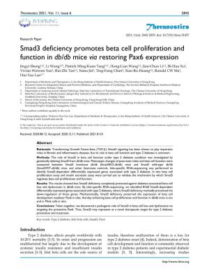 Theranostics Smad3 Deficiency Promotes Beta Cell Proliferation And