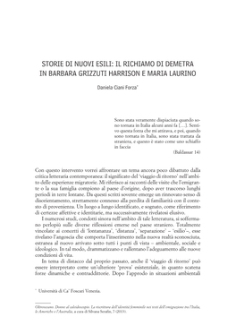 Storie Di Nuovi Esili: Il Richiamo Di Demetra in Barbara Grizzuti Harrison E Maria Laurino