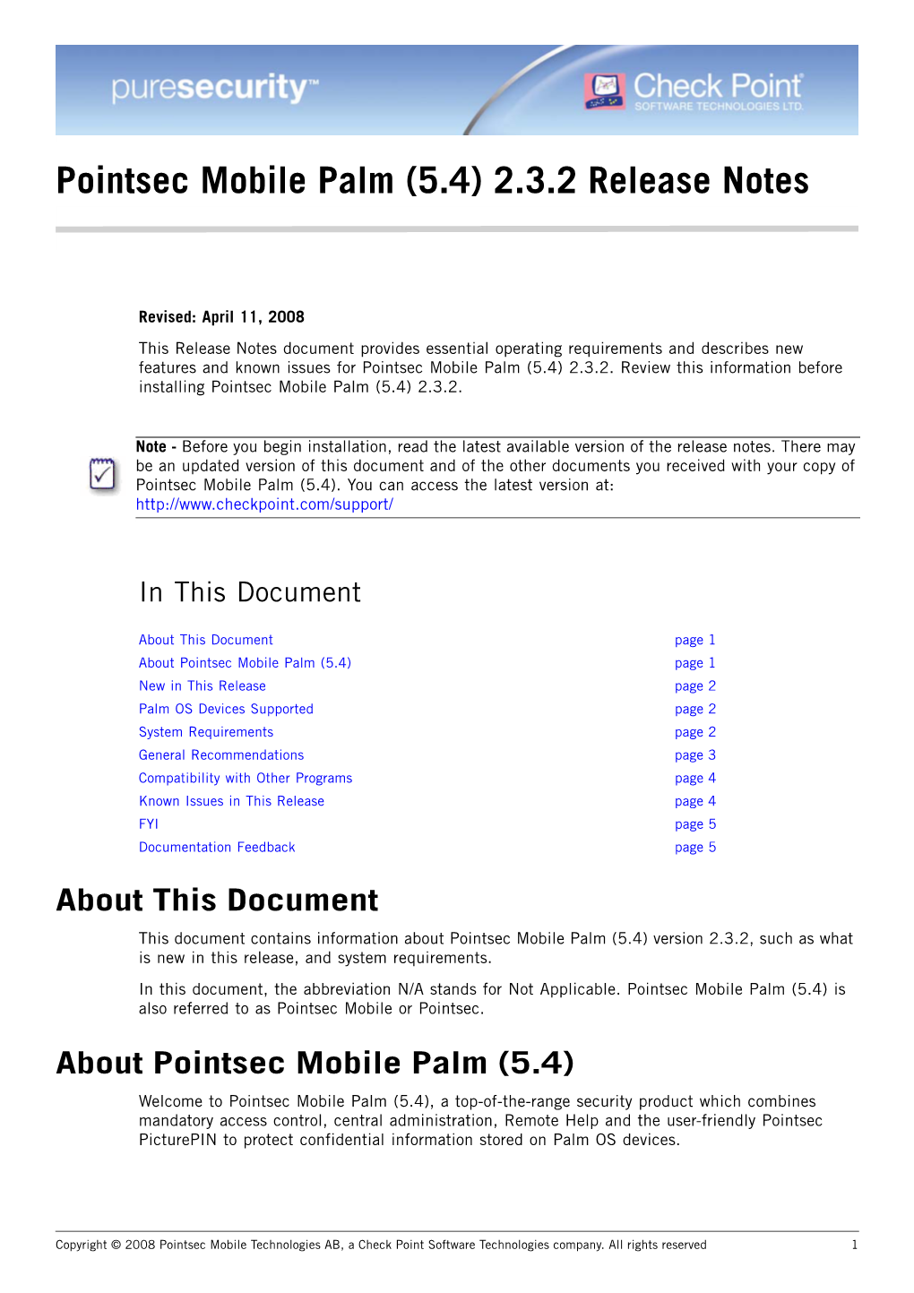 Pointsec Mobile Palm (5.4) 2.3.2 Release Notes
