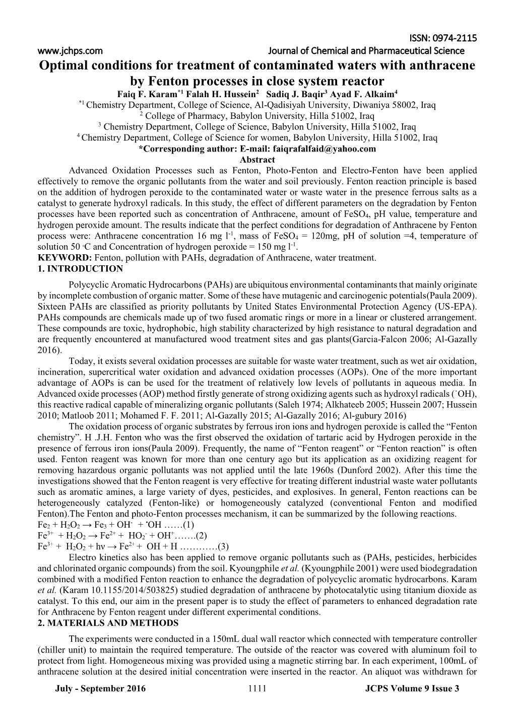 Optimal Conditions for Treatment of Contaminated Waters with Anthracene by Fenton Processes in Close System Reactor Faiq F